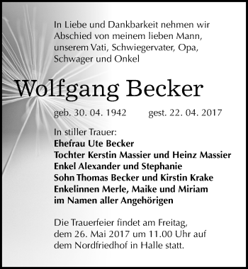Traueranzeige von Wolfgang Becker von Mitteldeutsche Zeitung Halle/Saalkreis
