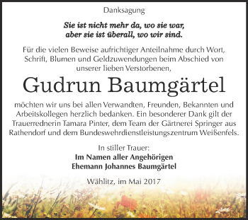 Traueranzeige von Gudrun Baumgärtel von WVG - Wochenspiegel NMB / WSF / ZTZ