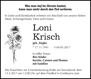 Traueranzeige von Loni Krisch von Mitteldeutsche Zeitung Merseburg/Querfurt