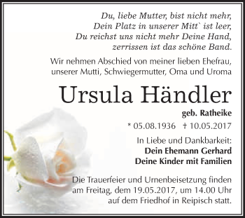 Traueranzeige von Ursula Händler von WVG - Wochenspiegel Merseburg