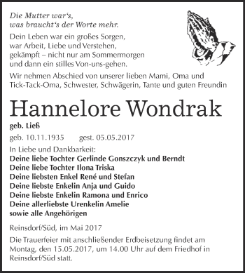 Traueranzeige von Hannelore Wondrak von Super Sonntag Wittenberg