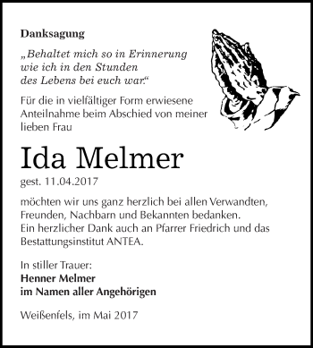 Traueranzeige von Ida Melmer von WVG - Wochenspiegel NMB / WSF / ZTZ