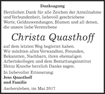 Traueranzeige von Christa Quasthoff von Super Sonntag Aschersleben
