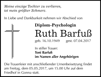 Traueranzeige von Ruth Barfuß von Mitteldeutsche Zeitung Sangerhausen