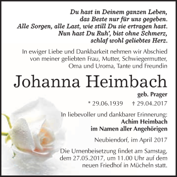 Traueranzeige von Johanna Heimbach von WVG - Wochenspiegel Merseburg