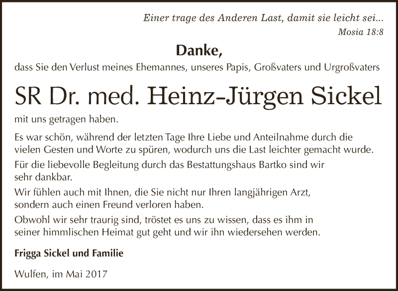  Traueranzeige für Heinz-Jürgen Sickel vom 13.05.2017 aus WVG - Wochenspiegel Dessau / Köthen