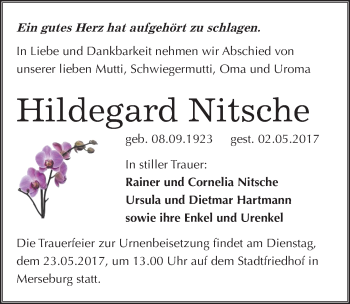 Traueranzeige von Hildegard Nitsche von Mitteldeutsche Zeitung Merseburg/Querfurt