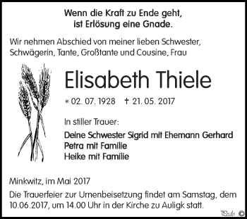 Traueranzeige von Elisabeth Thiele von Super Sonntag Zeitz