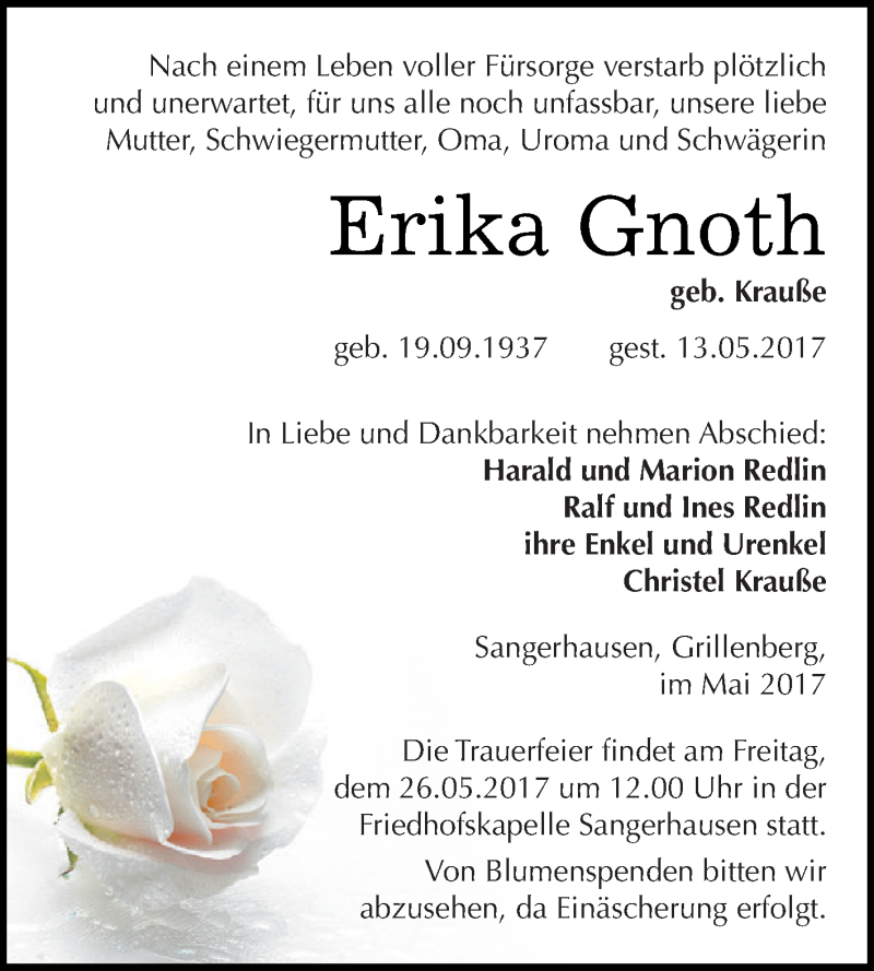  Traueranzeige für Erika Gnoth vom 20.05.2017 aus Super Sonntag SGH Mansf. Land