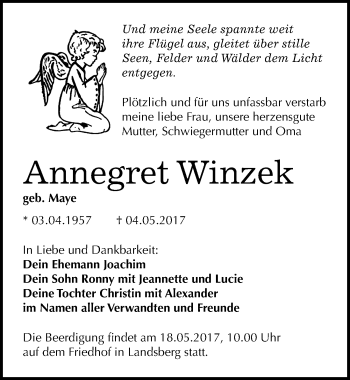 Traueranzeige von Annegret Winzek von Mitteldeutsche Zeitung