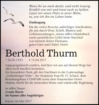 Traueranzeige von Berthold Thurm von Super Sonntag Zeitz