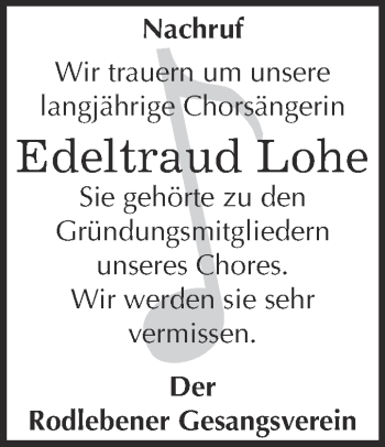 Traueranzeige von Edeltraud Lohe von WVG - Wochenspiegel Dessau / Köthen