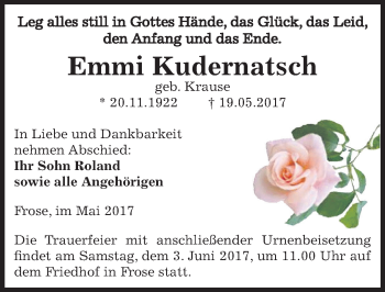 Traueranzeige von Emmi Kudernatsch von Mitteldeutsche Zeitung Aschersleben