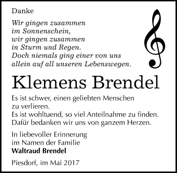 Traueranzeige von Klemens Brendel von Mitteldeutsche Zeitung Bernburg