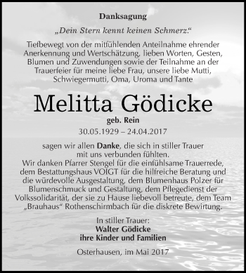 Traueranzeige von Melitta Gödicke von Wochenspiegel Mansfelder Land