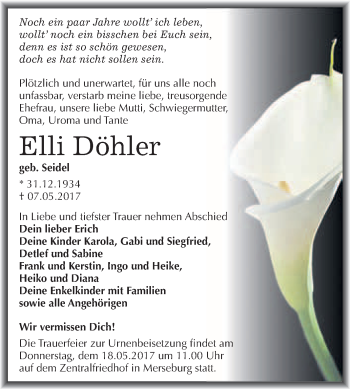 Traueranzeige von Elli Döhler von WVG - Wochenspiegel Merseburg