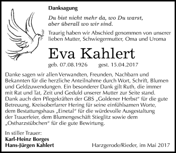 Traueranzeige von Eva Kahlert von Mitteldeutsche Zeitung Quedlinburg