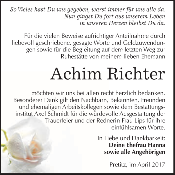 Traueranzeige von Achim Richter von WVG - Wochenspiegel Merseburg
