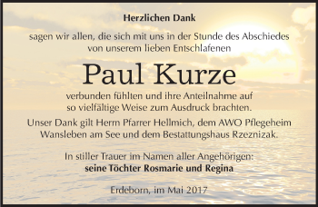 Traueranzeige von Paul Kurze von Mitteldeutsche Zeitung Mansfelder Land