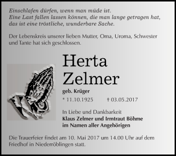 Traueranzeige von Herta Zelmer von WVG - Wochenspiegel SGH