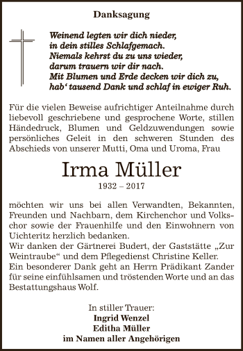Traueranzeige von Irma Müller von WVG - Wochenspiegel NMB / WSF / ZTZ