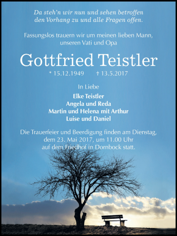 Traueranzeige von Gottfried Teistler von WVG - Wochenspiegel Dessau / Köthen