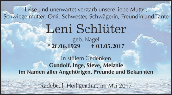 Traueranzeige von Leni Schlüter von Wochenspiegel Mansfelder Land