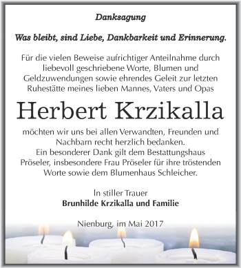 Traueranzeige von Herbert Krzikalla von Super Sonntag Bernburg