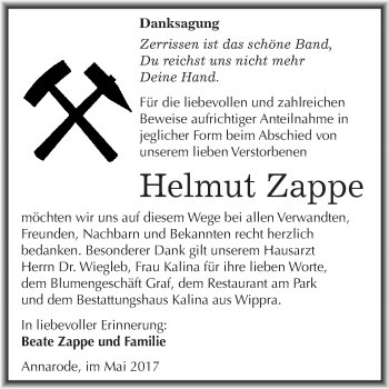 Traueranzeige von Helmut Zappe von Super Sonntag SGH Mansf. Land