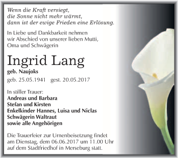 Traueranzeige von Ingrid Lang von WVG - Wochenspiegel Merseburg