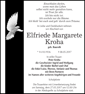 Traueranzeige von Elfriede Margarete Kroha von WVG - Wochenspiegel NMB / WSF / ZTZ