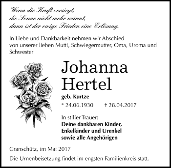 Traueranzeige von Johanna Hertel von Mitteldeutsche Zeitung Weißenfels