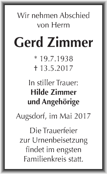 Traueranzeige von Gerd Zimmer von Super Sonntag SGH Mansf. Land