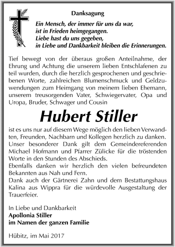 Traueranzeige von Hubert Stiller von Mitteldeutsche Zeitung Mansfelder Land