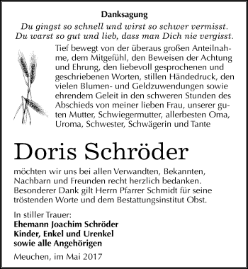 Traueranzeige von Doris Schröder von Mitteldeutsche Zeitung Weißenfels