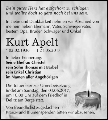 Traueranzeige von Kurt Apelt von WVG - Wochenspiegel Merseburg