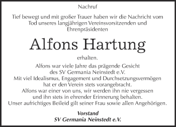 Traueranzeige von Alfons Hartung von Super Sonntag Quedlinburg