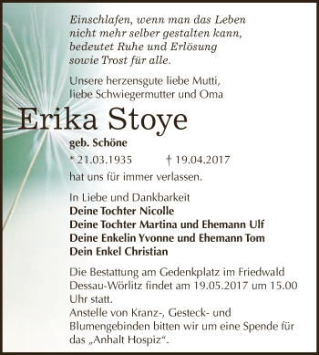 Traueranzeige von Erika Stoye von WVG - Wochenspiegel Dessau / Köthen