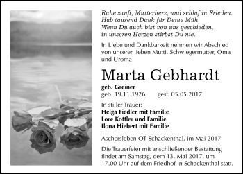 Traueranzeige von Marta Gebhardt von Mitteldeutsche Zeitung Aschersleben