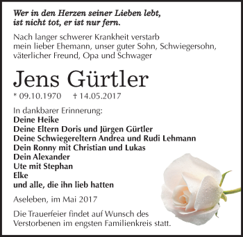 Traueranzeige von Jens Gürtler von Mitteldeutsche Zeitung Mansfelder Land