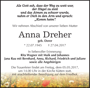 Traueranzeige von Anna Dreher von Mitteldeutsche Zeitung