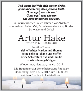 Traueranzeige von Artur Hake von Mitteldeutsche Zeitung Mansfelder Land