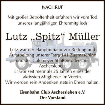 Traueranzeige von Lutz Müller von WVG - Wochenspiegel Aschersleben