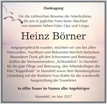 Traueranzeige von Heinz Börner von Mitteldeutsche Zeitung Mansfelder Land
