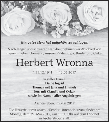 Traueranzeige von Herbert Wronna von Super Sonntag Aschersleben