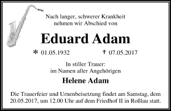 Traueranzeige von Eduard Adam von Mitteldeutsche Zeitung Dessau-Roßlau