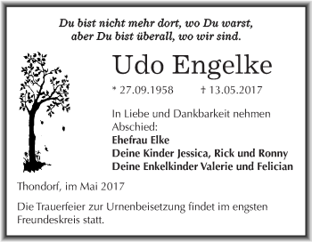 Traueranzeige von Udo Engelke von Wochenspiegel Mansfelder Land