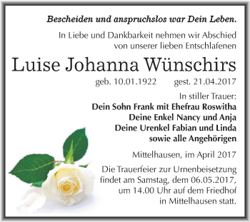 Traueranzeige von Luise Johanna Wünschirs von WVG - Wochenspiegel SGH