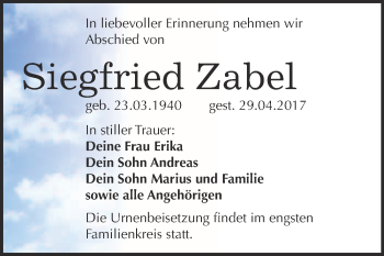 Traueranzeige von Siegfried Zabel von WVG - Wochenspiegel Bitterfeld