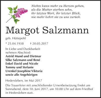 Traueranzeige von Margot Salzmann von Mitteldeutsche Zeitung Quedlinburg